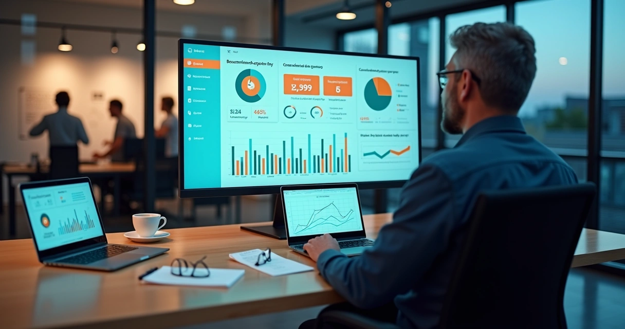 Gestor analisando painel digital de banco de horas em escritório moderno 