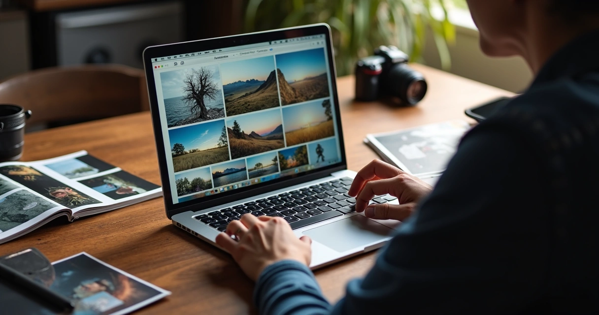 Fotografias autorais sendo organizadas no notebook 