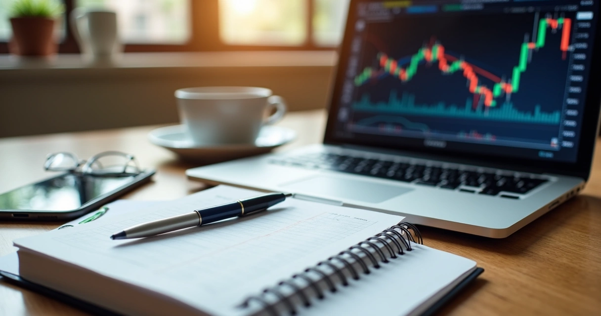 Diário de trading aberto com notas ao lado de laptop. 