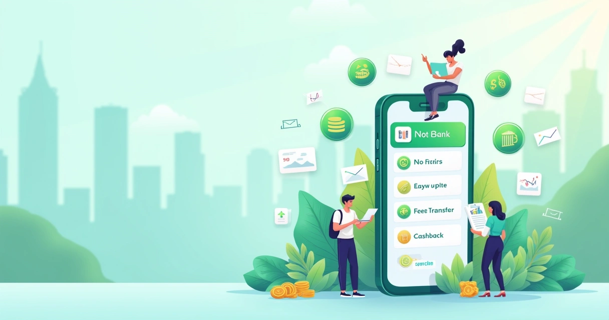 Ilustração de uma interface de banco digital em um smartphone com recursos como sem tarifas e cashback.