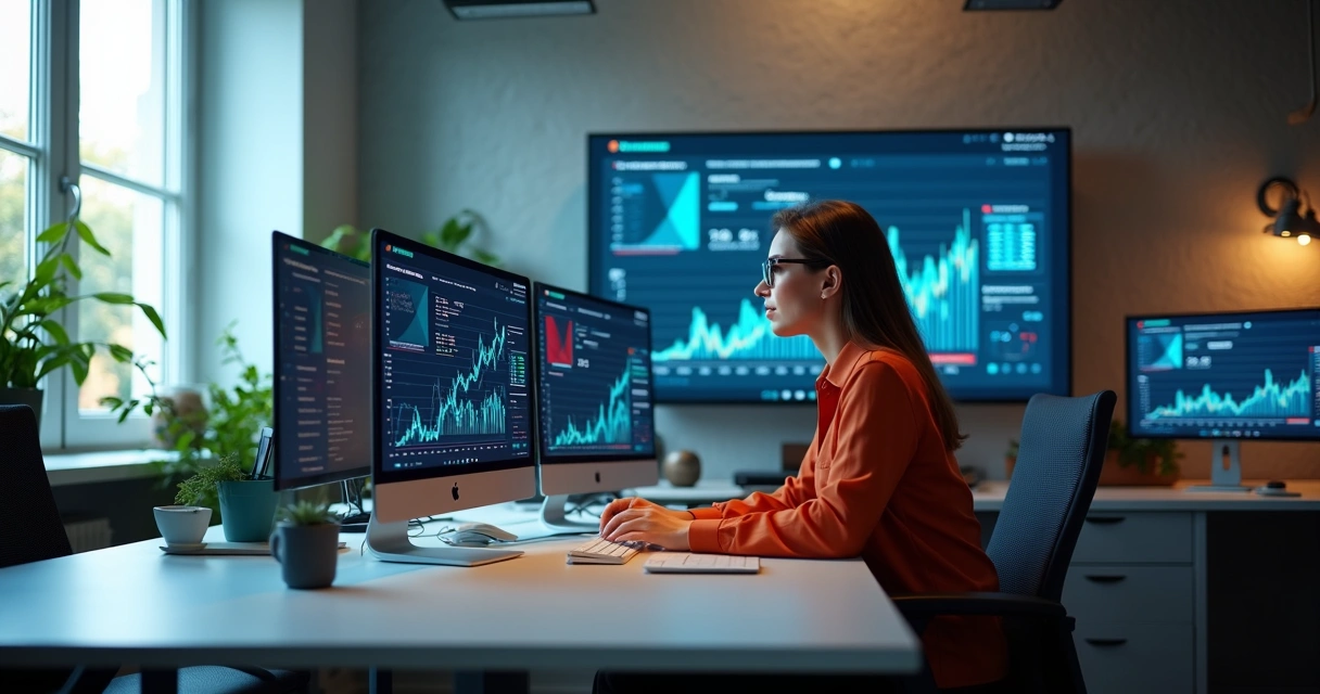 Profissional de banco consultando análises de dados digitais em múltiplas telas 