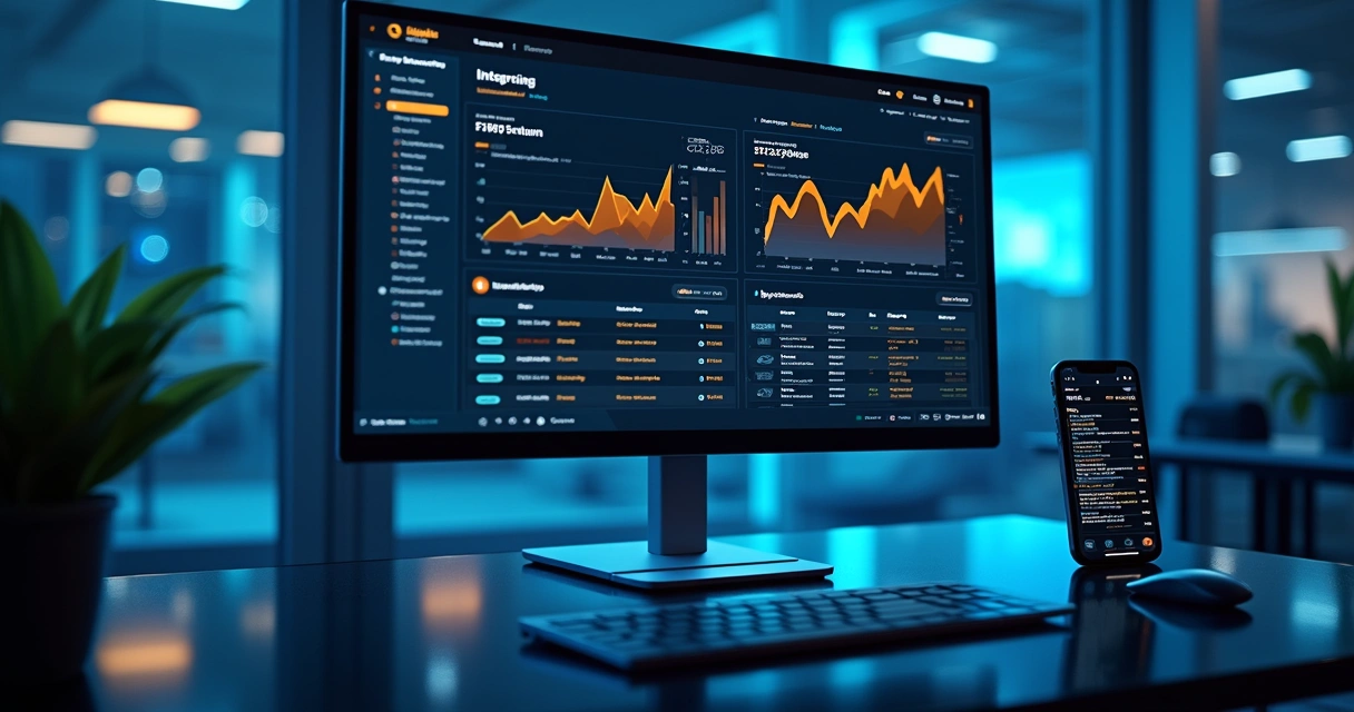 Plataforma digital bancária em tela de computador com código e gráficos financeiros modernos 