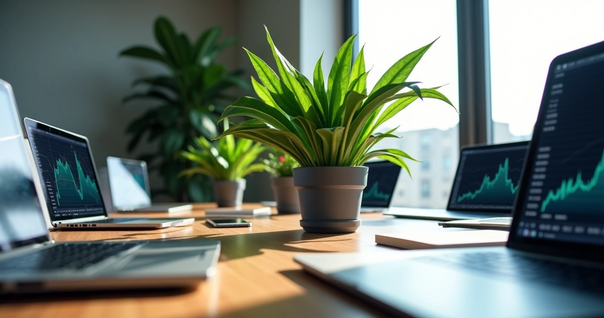 Mesa moderna com diversos dispositivos digitais e uma planta verde no centro