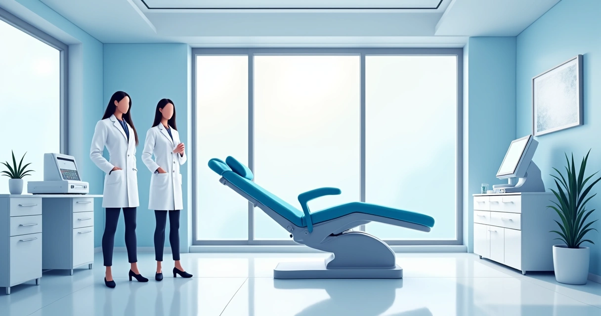Sala moderna de estética com equipamentos e profissionais massoterapeutas prontos para atendimento. 