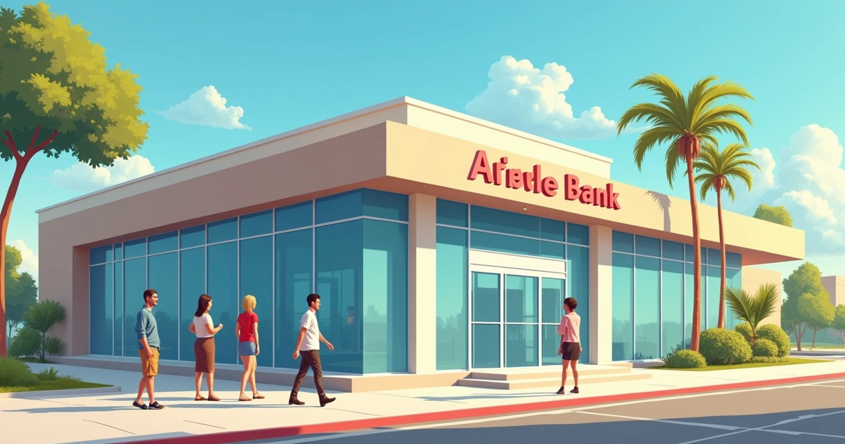 Facade of an American bank with people entering 