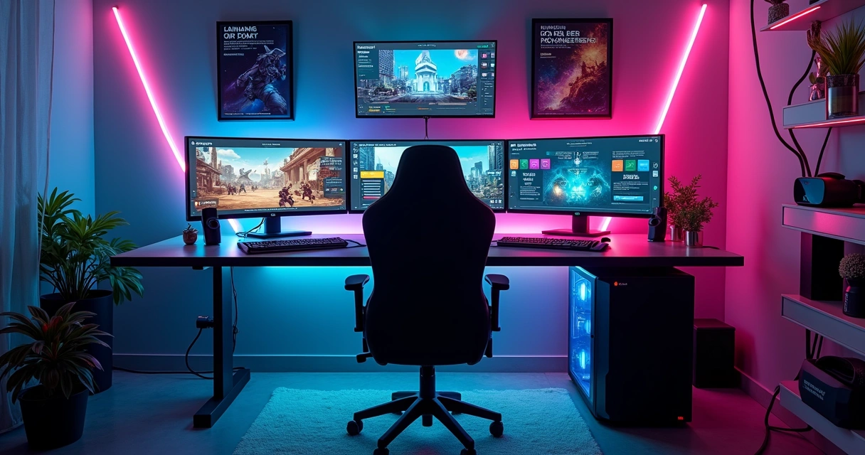 Sala gamer futurista com estação de e-sports exibindo painel de banco digital para gamers 