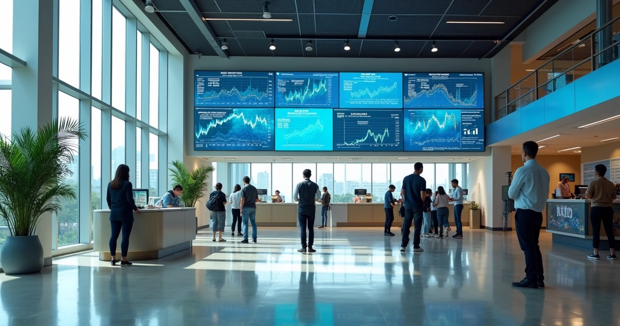 Salão de banco moderno com múltiplos displays digitais e pessoas usando smartphones. 