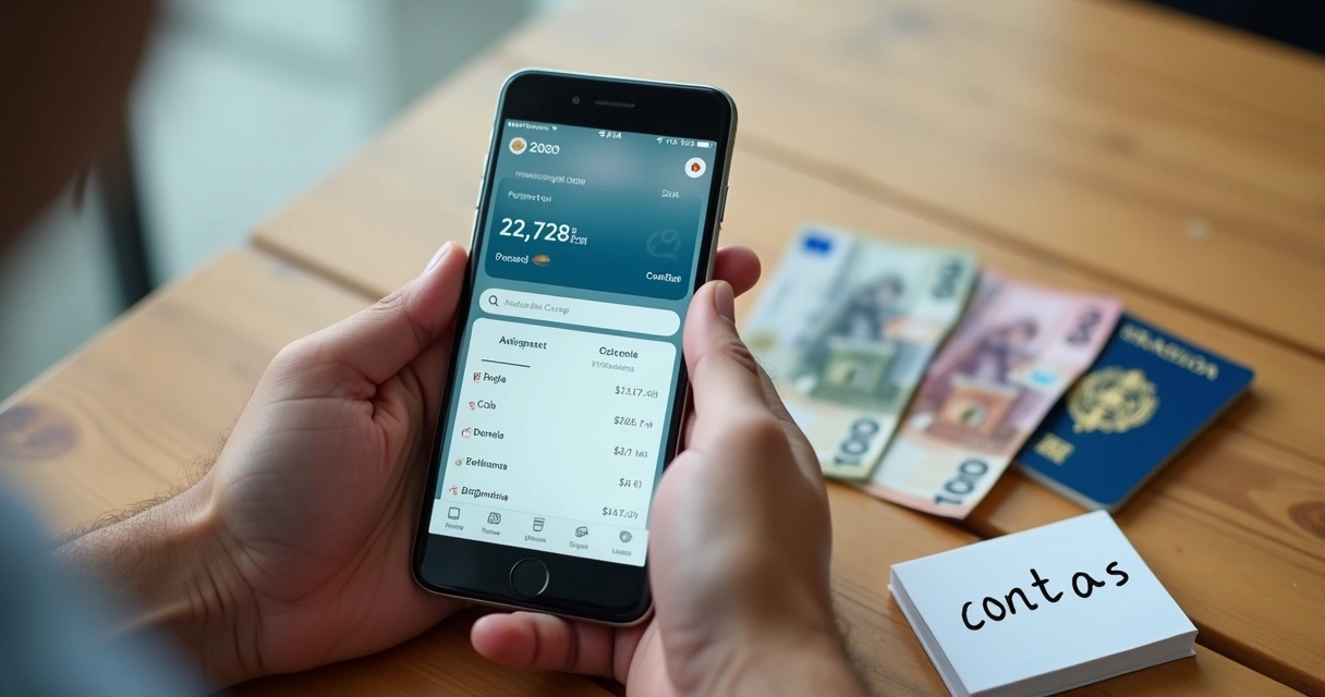 Pessoa usando app bancário no celular ao lado de passaporte 