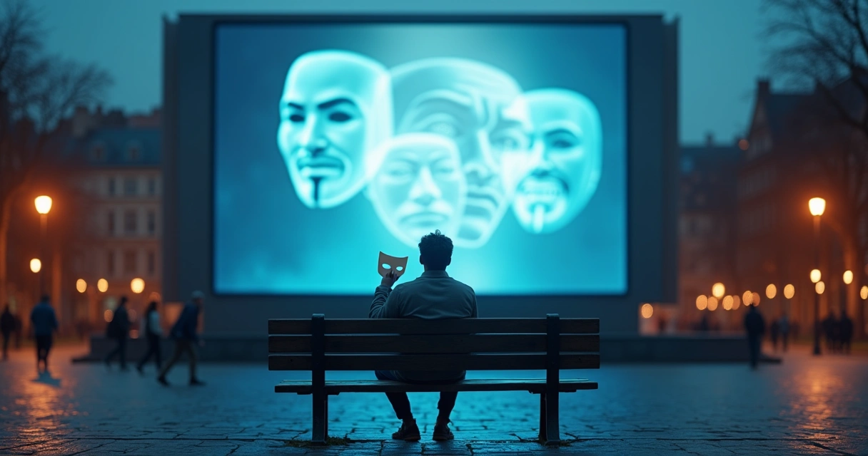 Pessoa em banco de praça tirando máscara teatral projetada por tela de TV gigante 