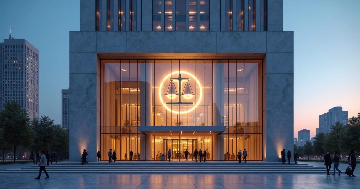 Fachada de banco iluminada con símbolo de balanza y haz de luz sobre la ciudad 