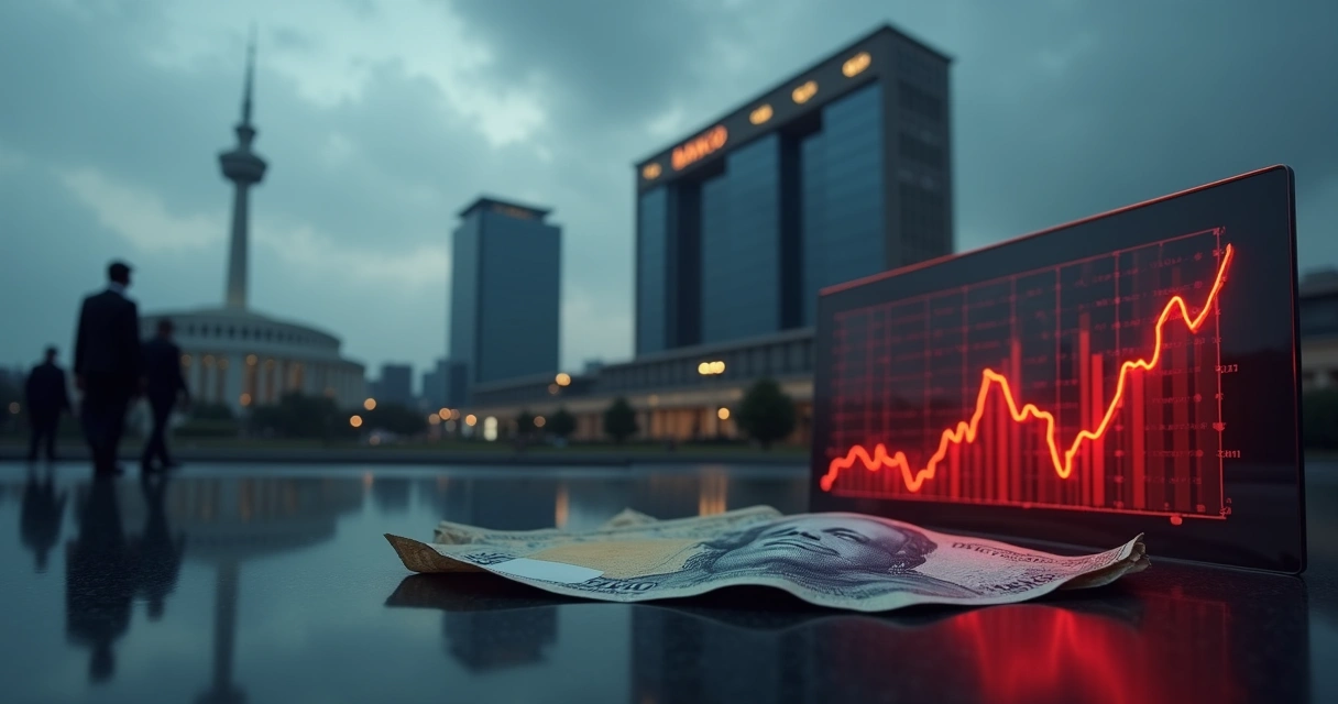 Montagem de banco em crise com Brasília ao fundo e gráfico financeiro em queda 