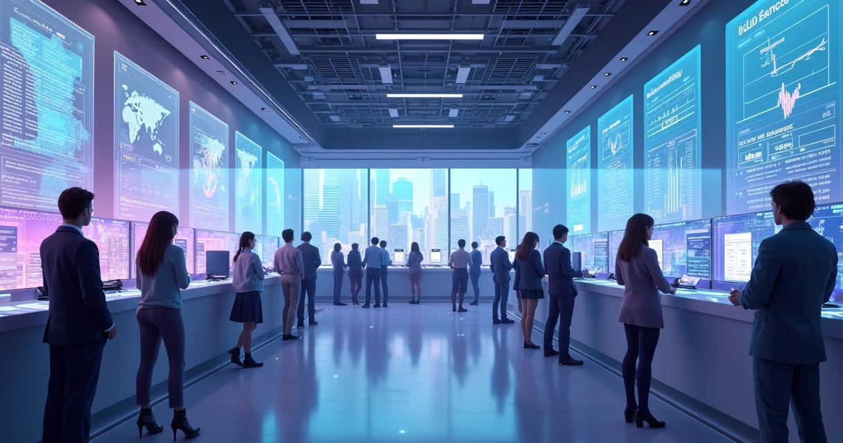 Interior de um banco digital futurista no metaverso com avatares em atendimento