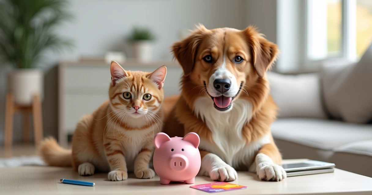 Cachorro e gato próximos um ao outro com cofrinho e cartão bancário em cenário claro e acolhedor 
