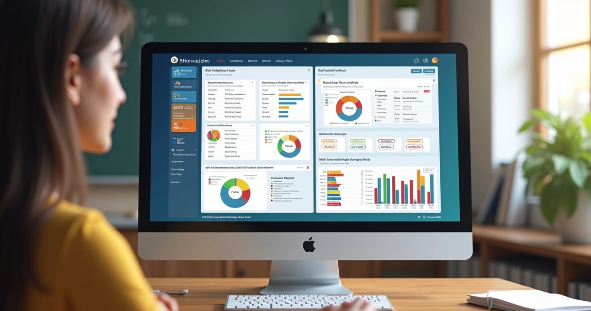 Interface de sistema com banco de questões para simulados com gráficos coloridos 