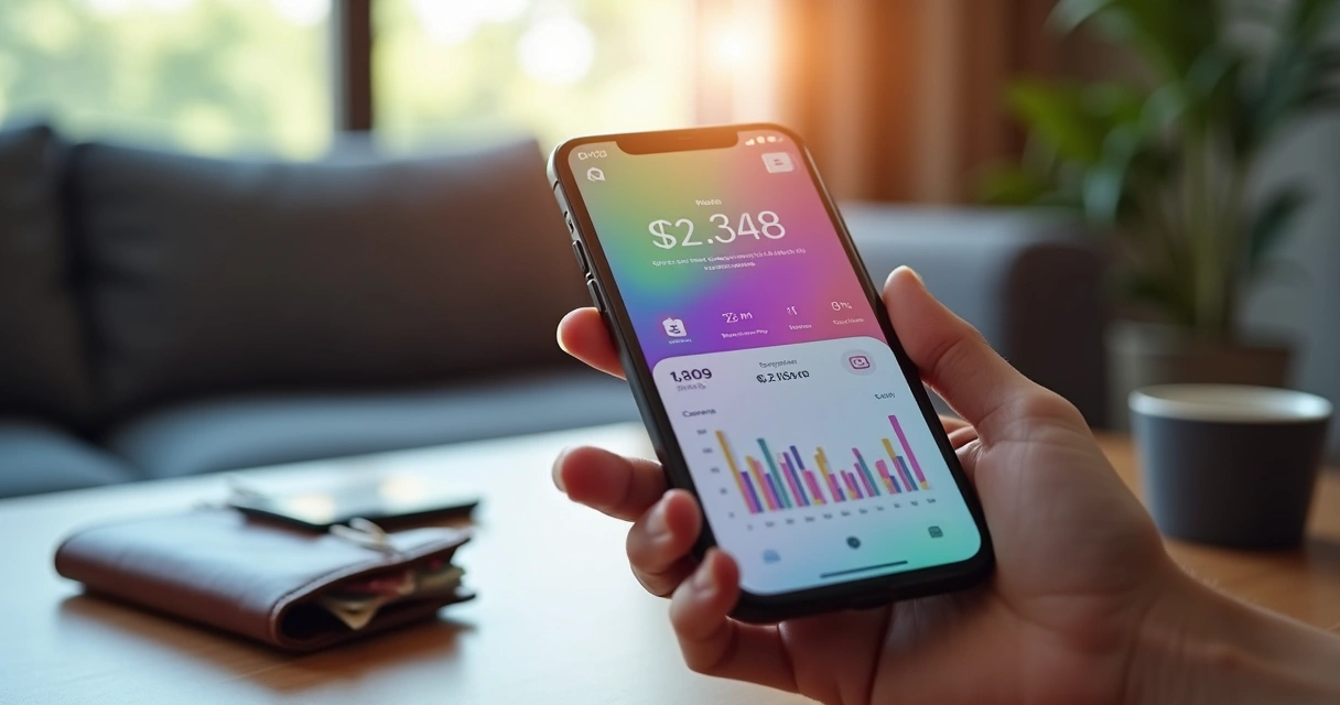 Pessoa segurando smartphone mostrando aplicativo bancário moderno com gráficos coloridos