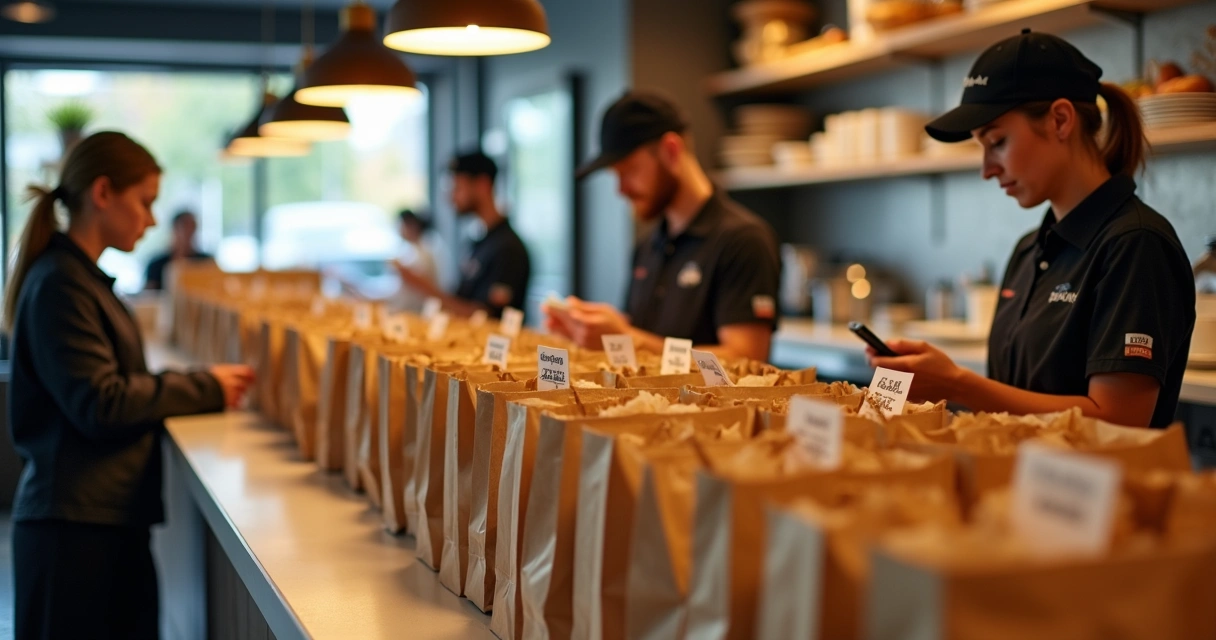 Balcão de restaurante com encomendas aguardando retirada e entregadores chegando 