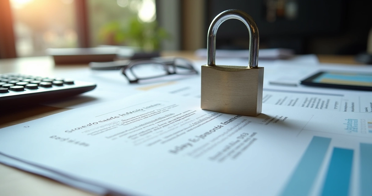 Pilha de documentos empresariais e um cadeado dourado em cima da mesa 