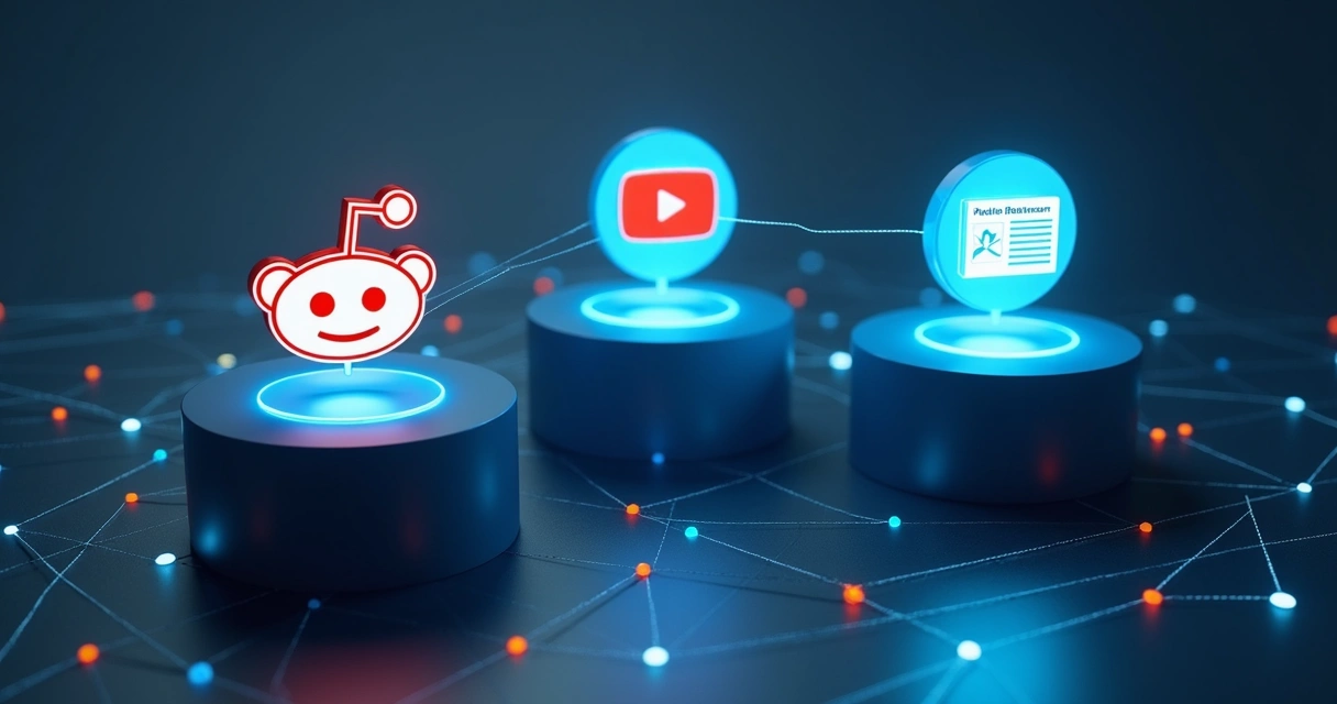Representação gráfica de três pilares, com ícones do Reddit, YouTube e sites de mídia. 