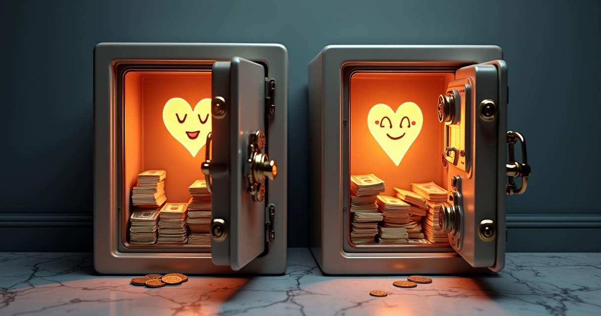 Dois cofres lado a lado, um com dinheiro outro com corações 