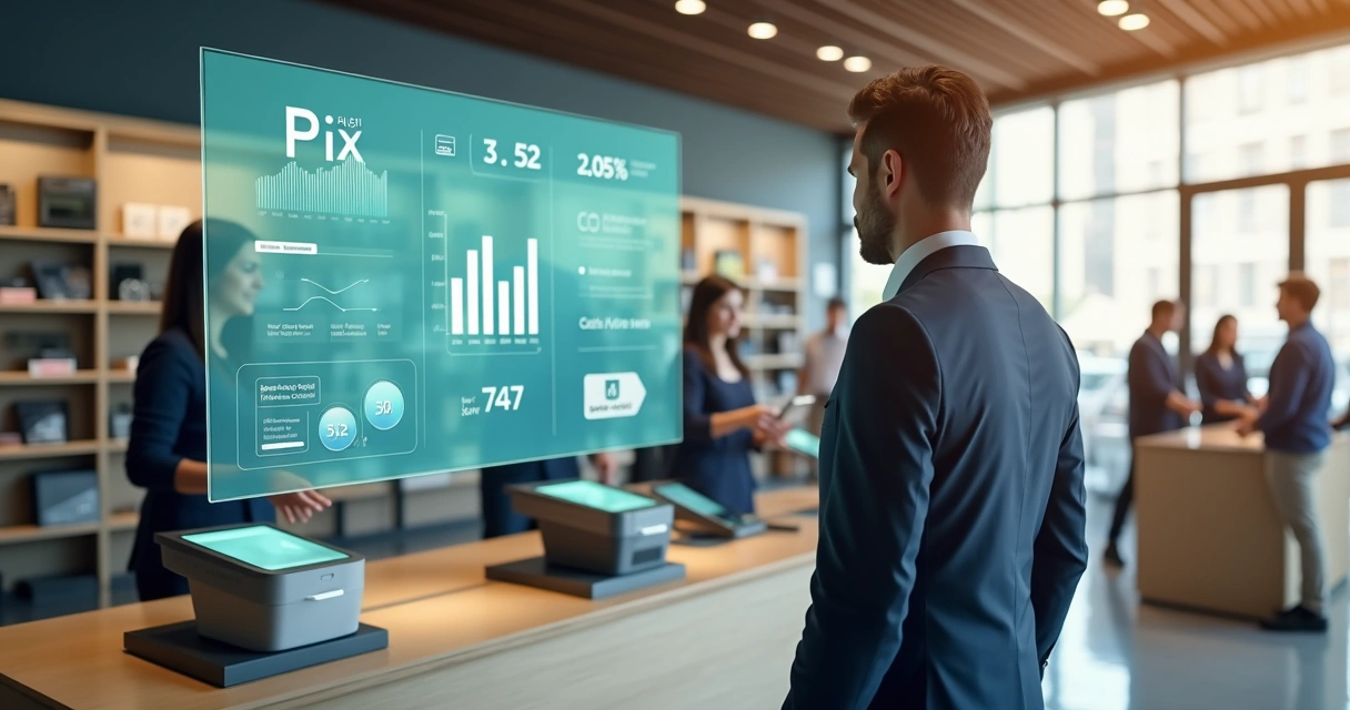 Executivo analisando painel de banco de varejo digital em loja física moderna 