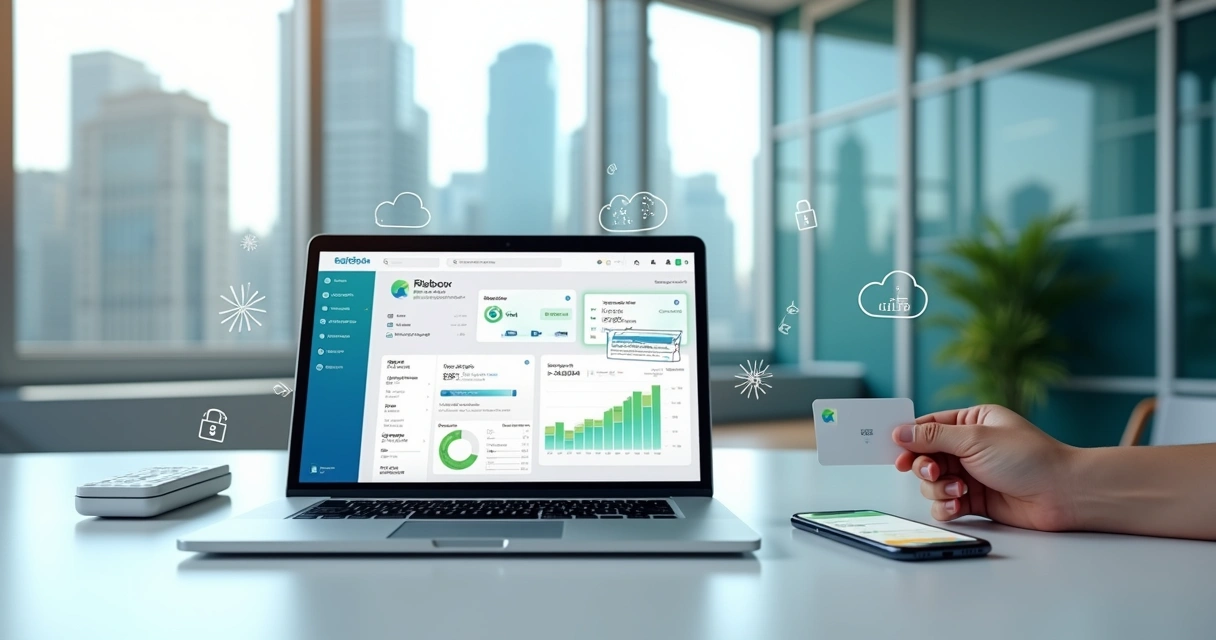 Dashboard de banco white label em notebook com cartão personalizado e ícones de serviços financeiros 