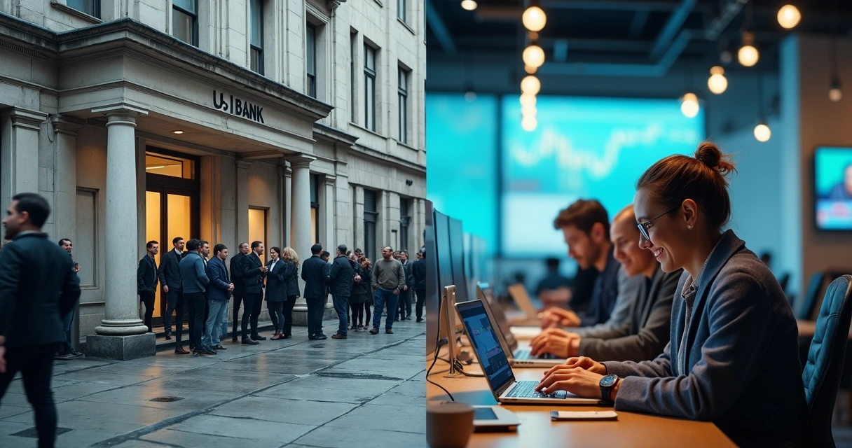 Comparativo das melhores fintechs para empresas brasileiras nos EUA 1 Filas de pessoas em frente a bancos tradicionais e, ao lado, pessoas usando apps de fintech sentadas em mesas modernas