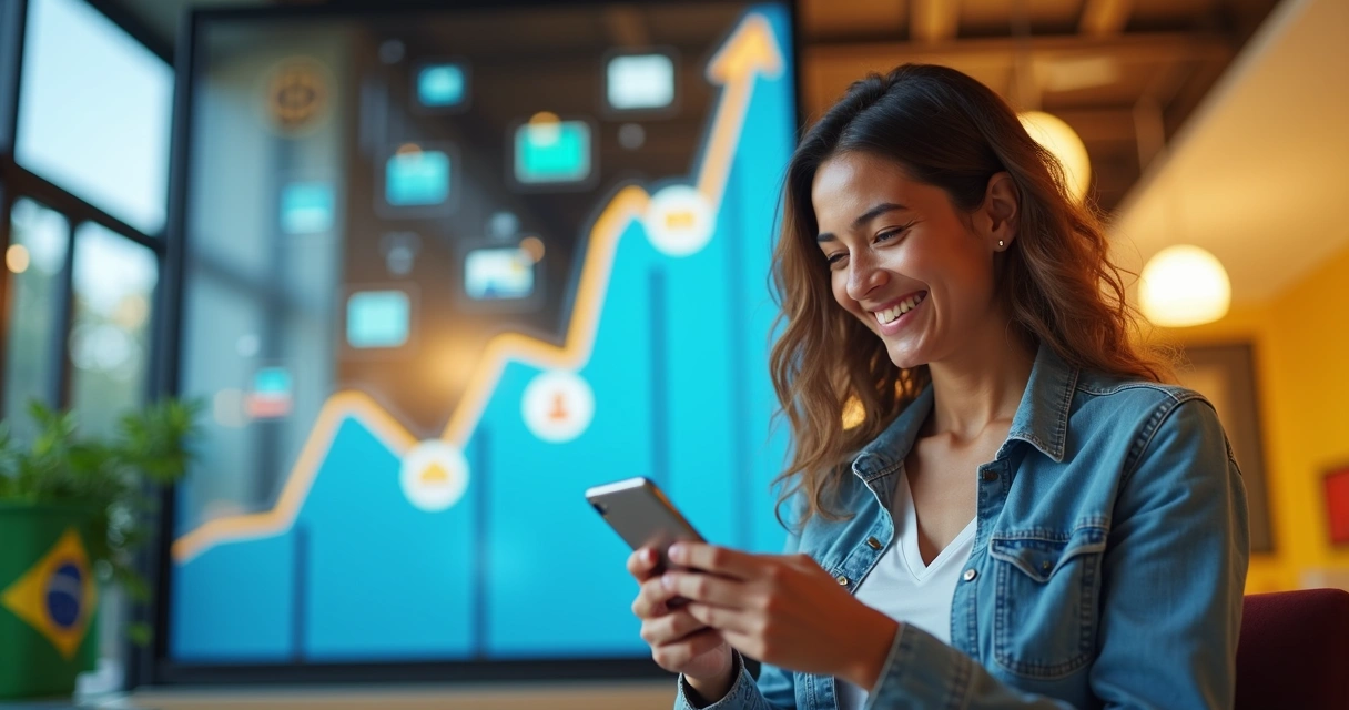 Jovem feliz mexendo em aplicativo de banco digital no celular, com gráfico de satisfação crescendo ao fundo