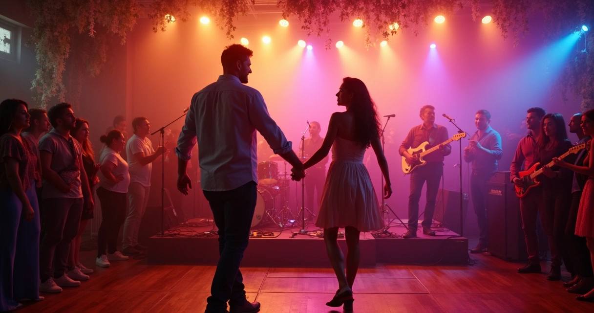 Casal dançando enquanto banda toca em festa de aniversário 