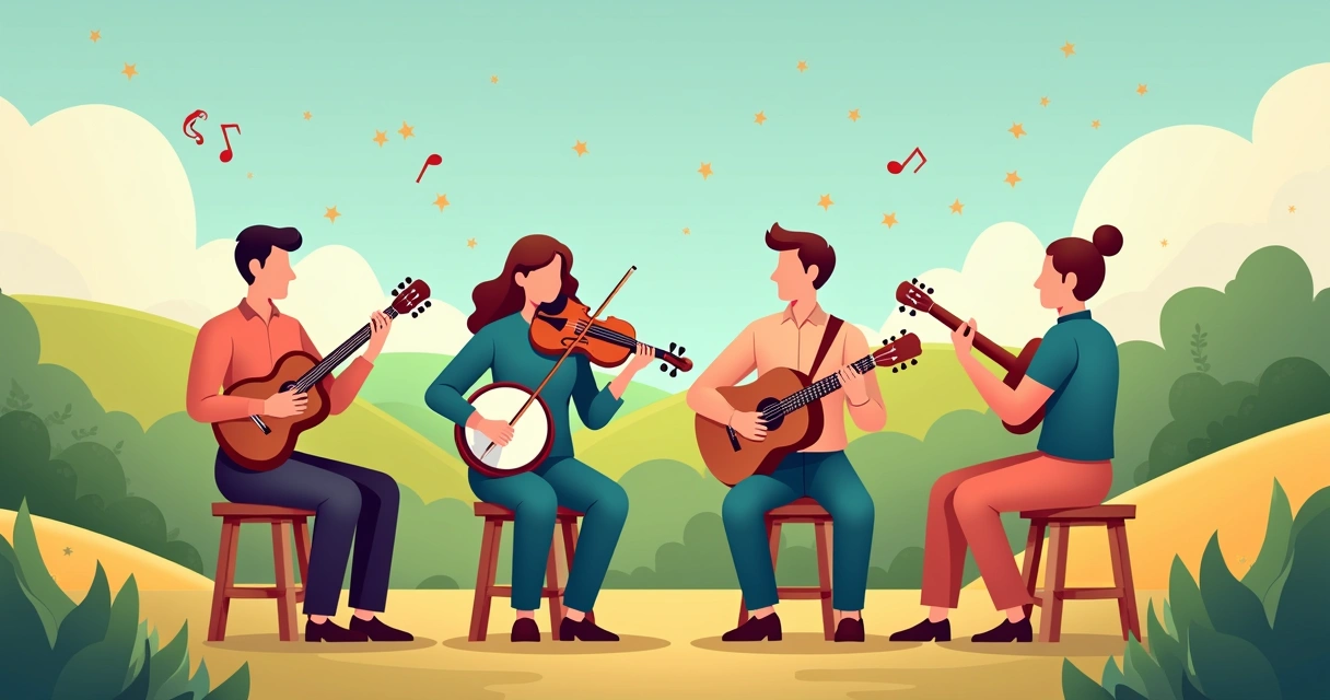Banda bluegrass tocando instrumentos acústicos nas montanhas 