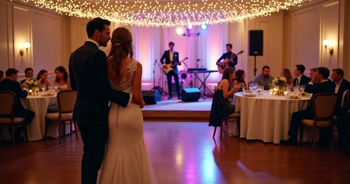 Casal observando banda de casamento em palco com clima de dúvida 