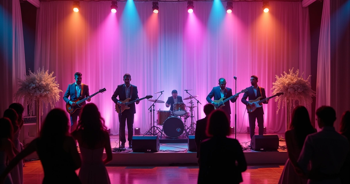 Banda tocando em palco iluminado durante evento de casamento 