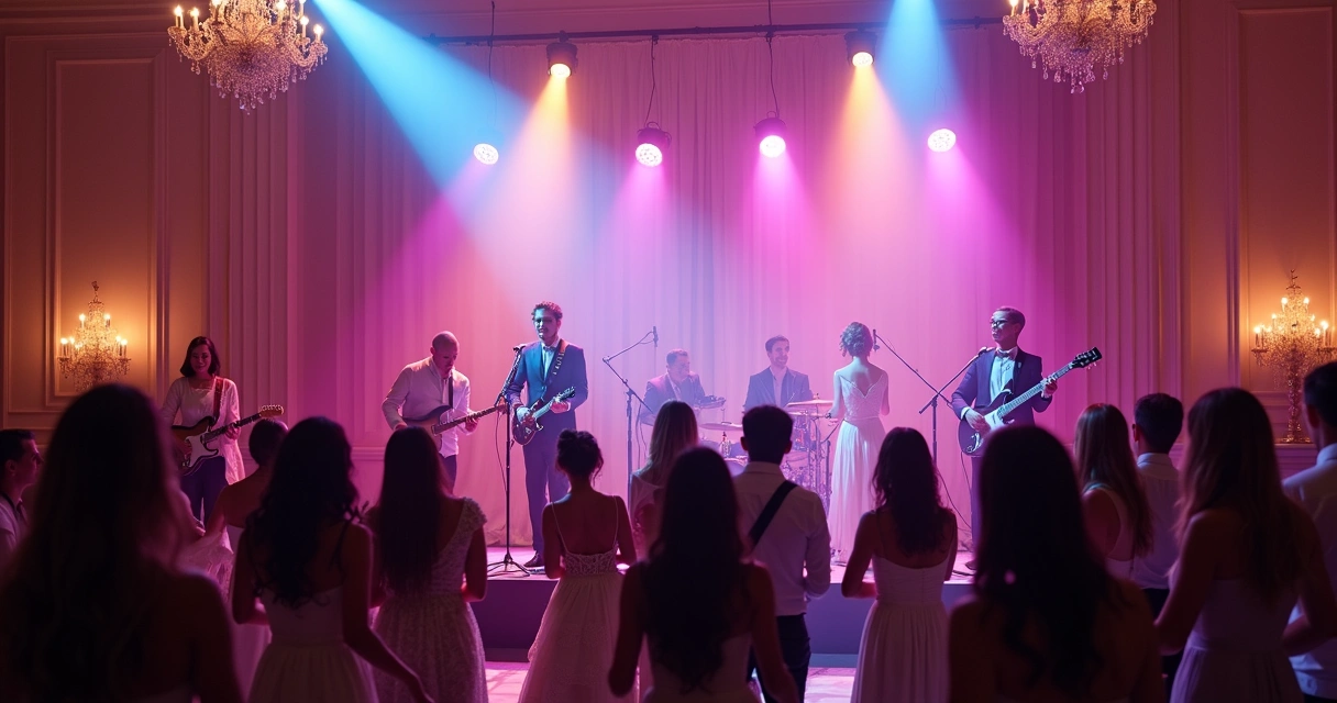 Banda tocando em palco iluminado em festa de casamento 