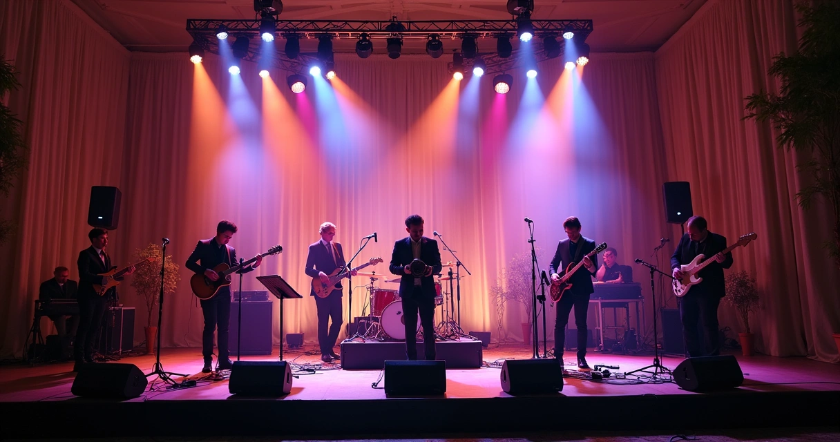 Banda de casamento tocando em palco iluminado com equipamentos profissionais 