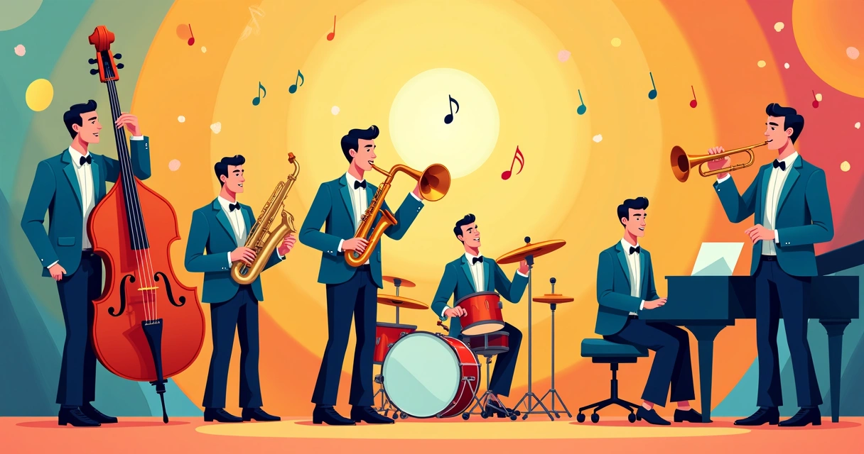 Banda de instrumentos tradicionais tocando para personagens de desenho animado 
