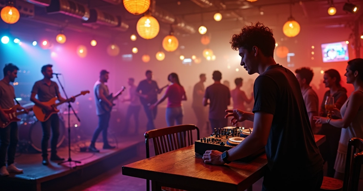 Banda tocando em bar enquanto DJ prepara equipamento ao lado 