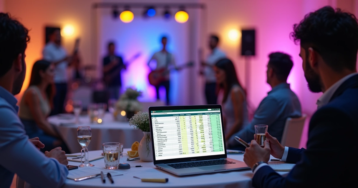 Banda se apresentando em evento privado enquanto organizadores analisam custos em planilha 