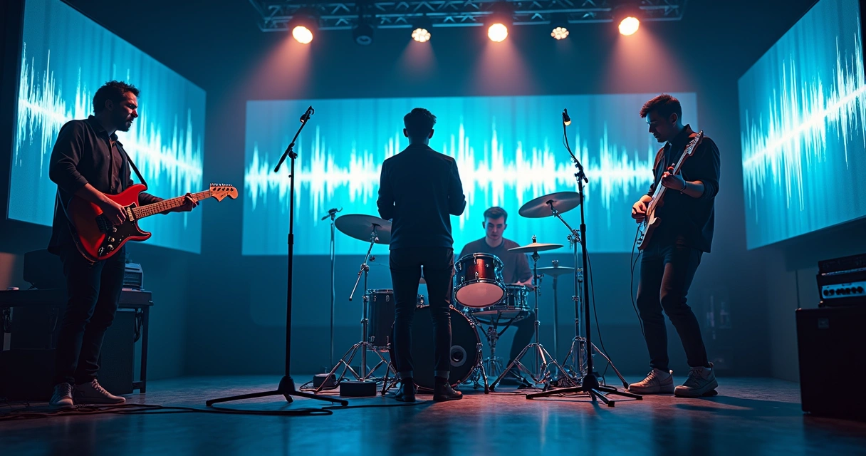 Banda sintética em estúdio de gravação moderno com equipamentos musicais e telas digitais ao fundo mostrando ondas sonoras e imagens polidas 