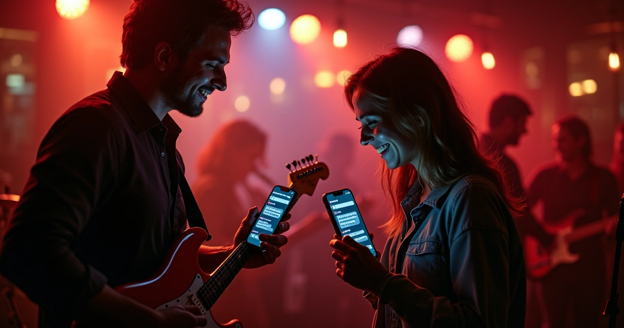 Músicos com celulares recebendo notificações de orçamento 