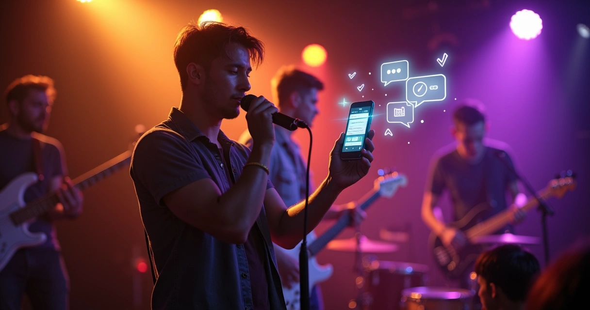 Banda em palco recebendo orçamentos pelo celular 