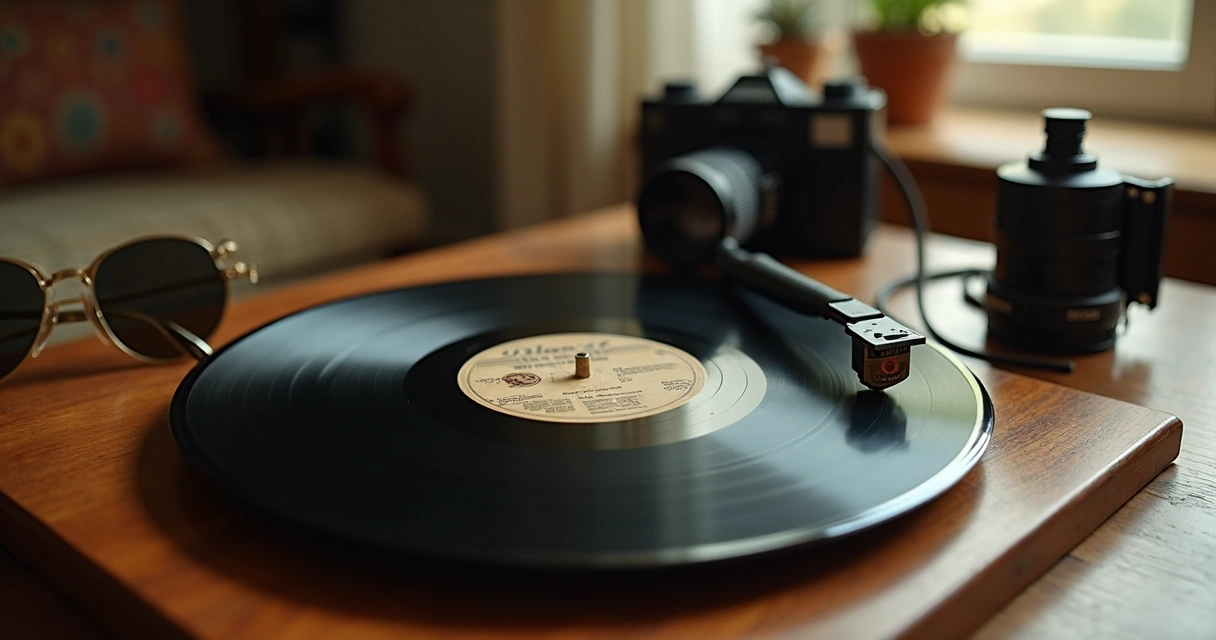 Vinilo de banda sonora de película clásica junto a una cámara antigua y gafas de sol