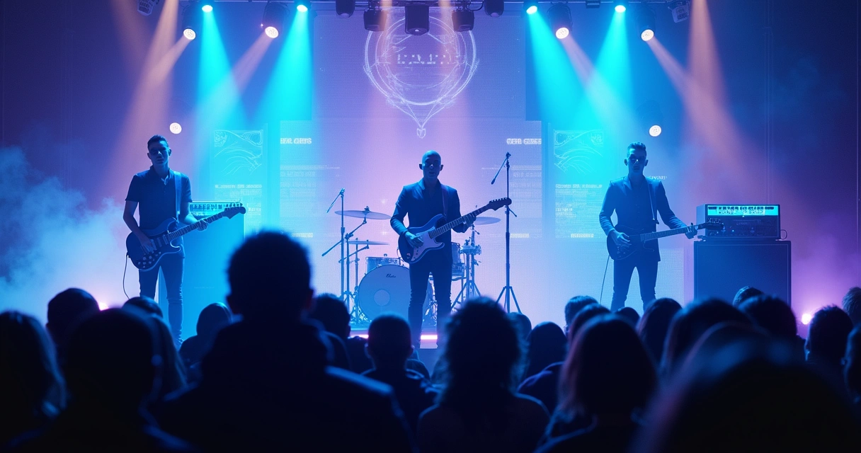 Integrantes fictícios de uma banda de rock, todos com aparência polida e cenários artificiais