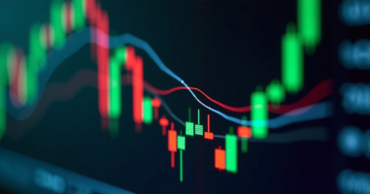 Gráfico de ações com bandas de Bollinger destacadas 