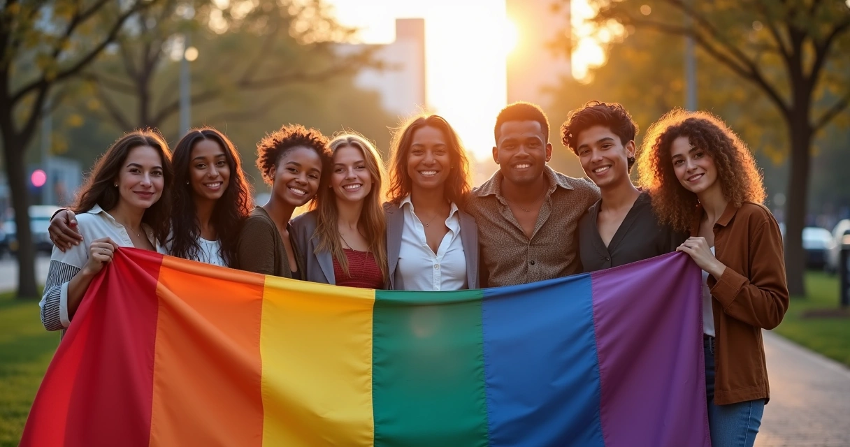 Grupo diverso sorrindo segurando bandeira LGBTQIA colorida ao ar livre 