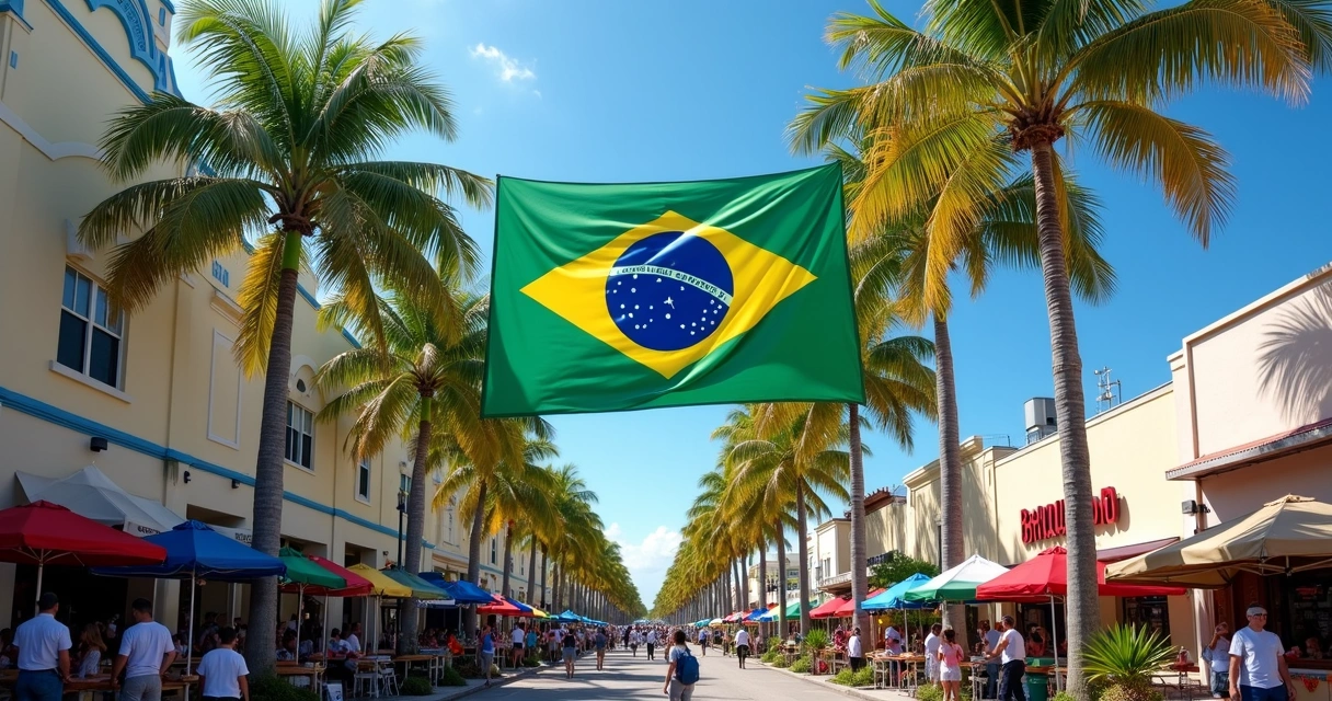 Bandeira do Brasil entre palmeiras em cidade da Flórida durante festival 