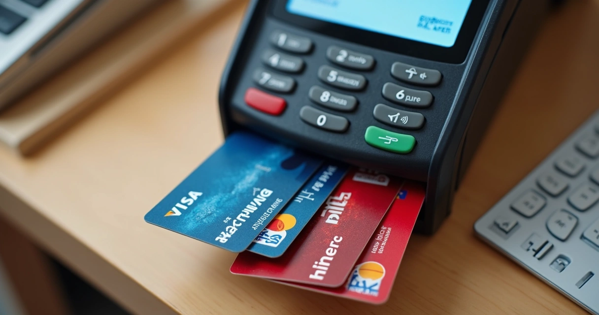 Diversos cartões de crédito e débito de bandeiras diferentes sendo aceitos em uma maquininha de cartão 