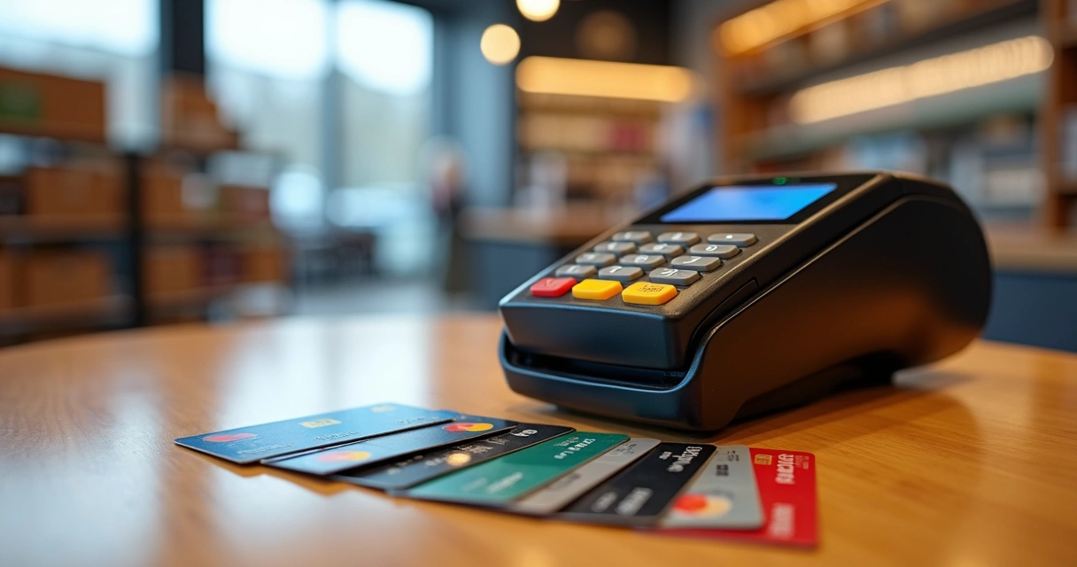 Cartões de várias bandeiras ao lado de maquininha de cartão em balcão de loja 