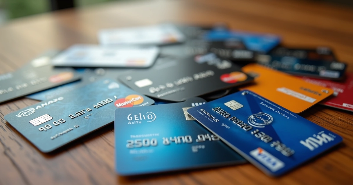 Cartões de crédito e débito com diversas bandeiras nacionais e internacionais sobre mesa de madeira 