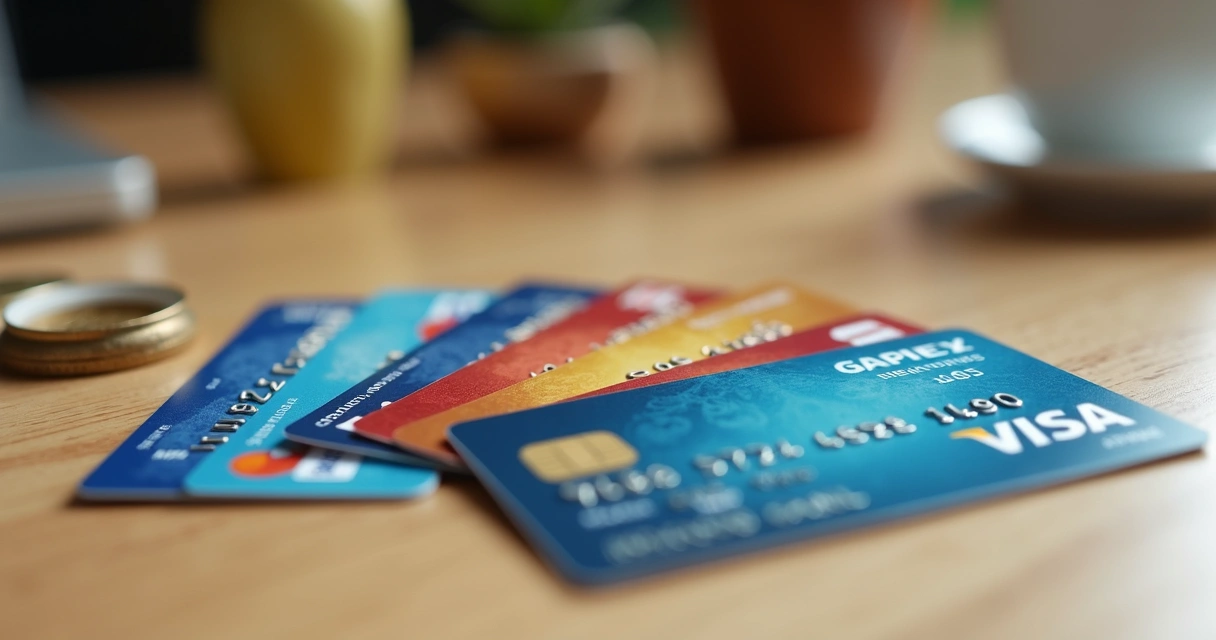 Diferentes cartões de crédito sobre mesa de madeira clara, exibindo diversas logomarcas de bandeiras, dispostos em leque elegante. 