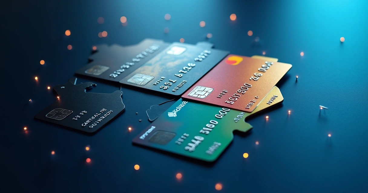 Cartões com diferentes bandeiras formando mapa estilizado do Brasil sobre fundo azul digital 