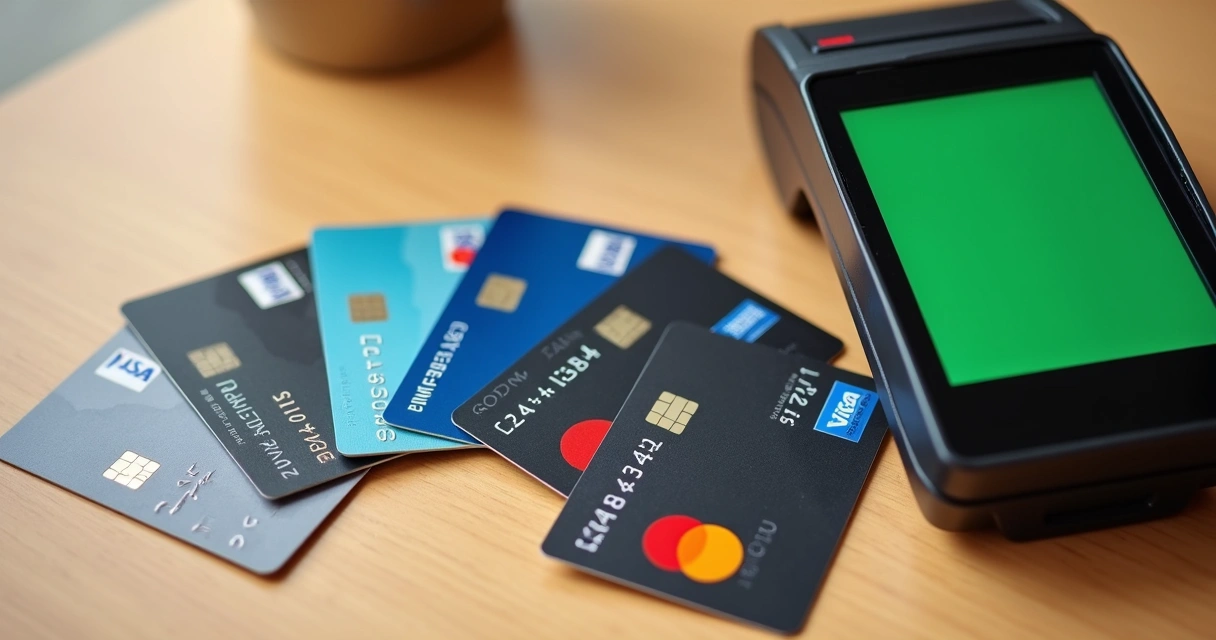 Cartões de várias bandeiras posicionados lado a lado sobre um terminal de pagamento 